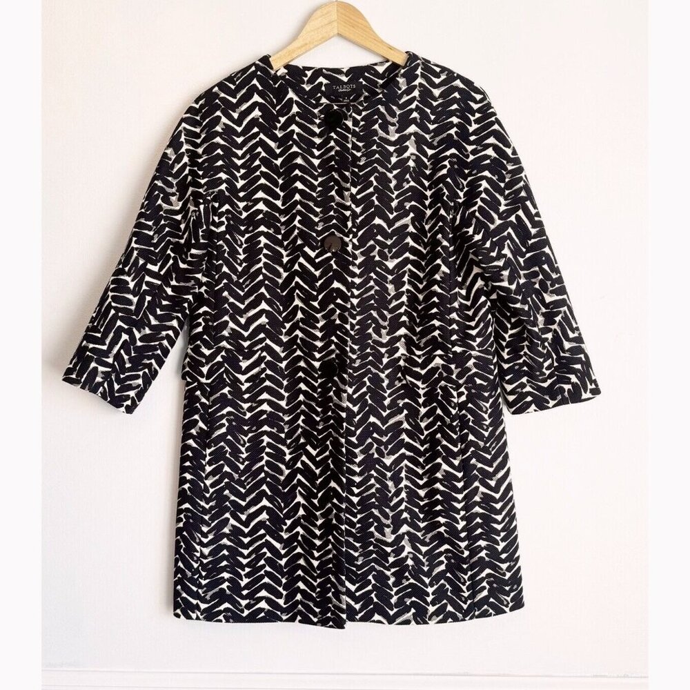 Talbots Black Abstract Overcoat Women’s 6 Lined Minimalist Scandi Chic